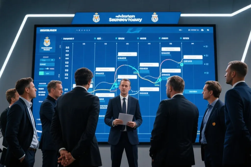 俱乐部高管与教练团队讨论赛季规划,数据屏幕上显示双线赛程