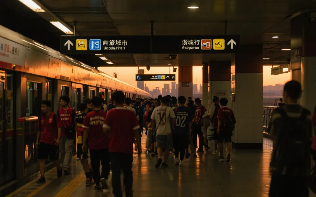 球迷在傍晚场赛前搭乘公共交通，车站指示清晰，人群有序